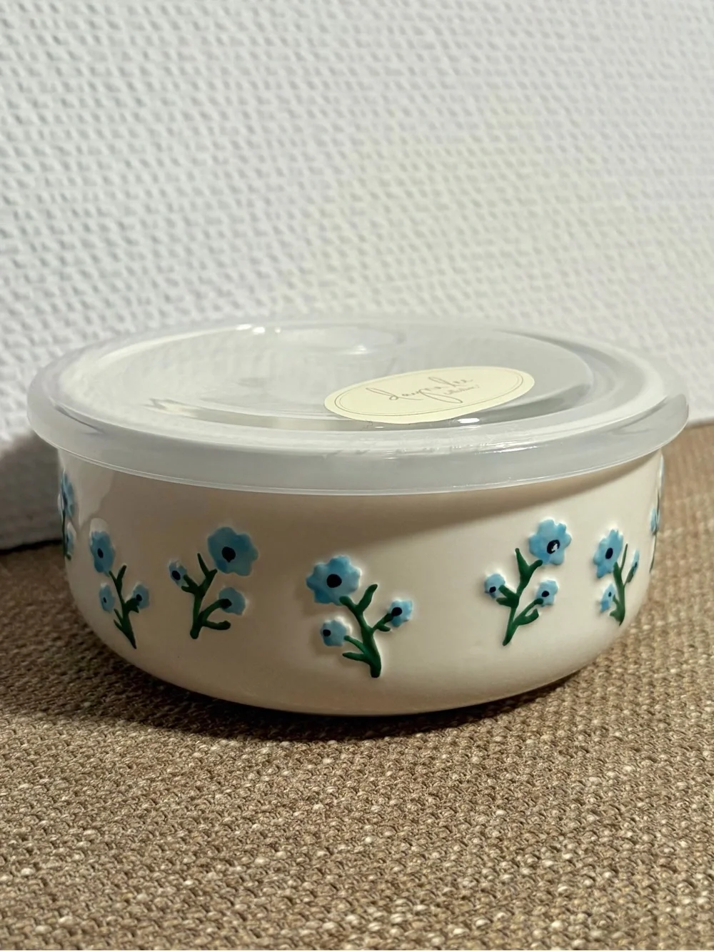 Ceramic Bowl with Venting Lid - Blue & Navy Floral Motif Textured Flower Design